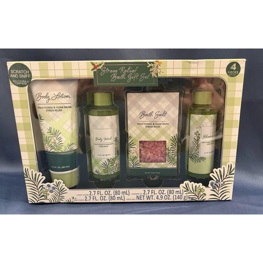 Stress Relief Bath Gift Set Holly Floral & Clear Musk 4 Piece Body Care Kit